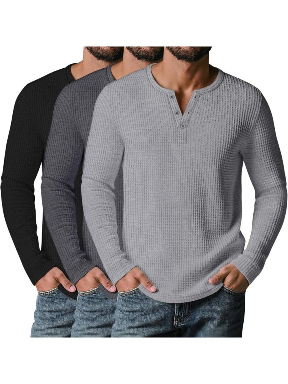 Men's Waffle Knit Shirts - 3 Pack, Cozy Long Sleeve Tops for Casual Wear